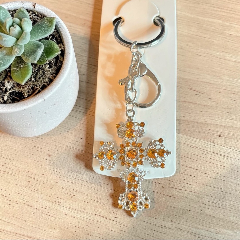 Silver Tone Keychain Cross with Amber Rhinestones